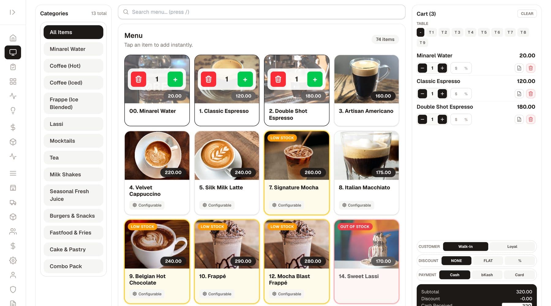 Easy RMS POS: photo menu with low-stock badges, cart and bKash payment
