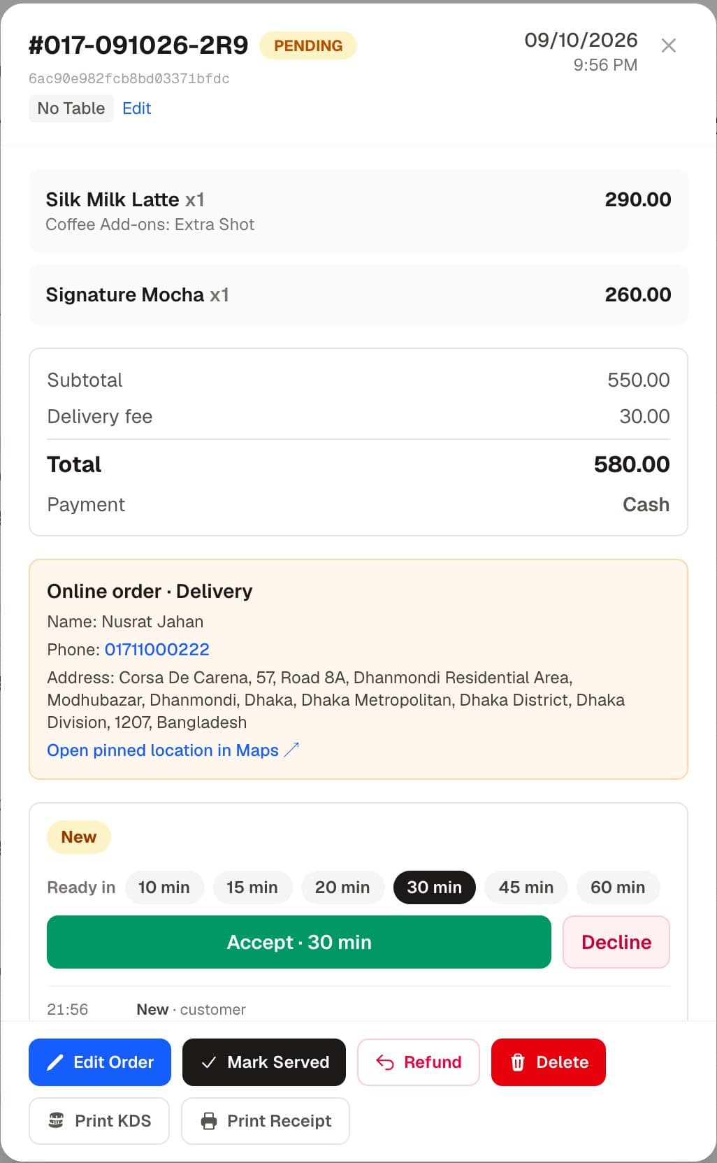 Online order with Accept and Decline buttons