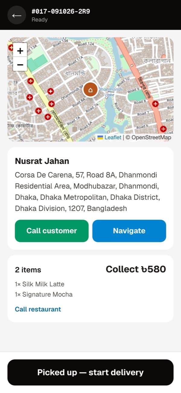 Rider app: customer pin on a map, call and navigate buttons