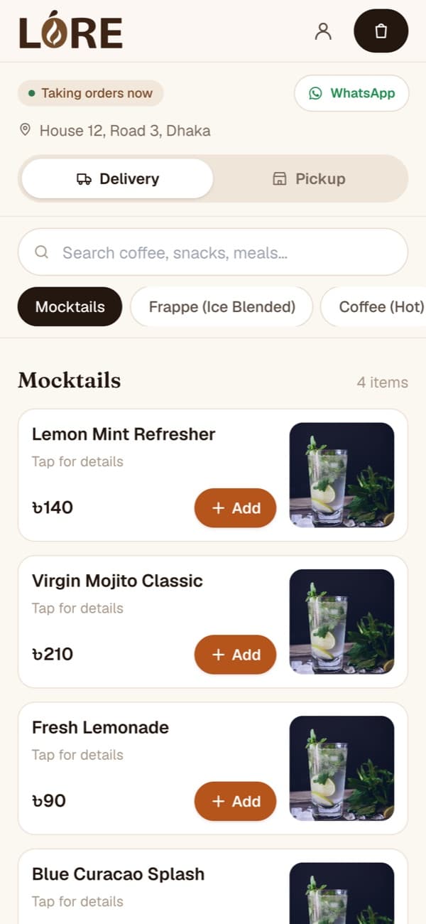 The shop's own online ordering website on a phone