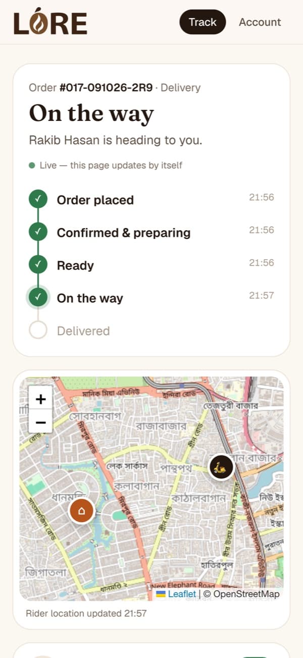 Customer's live order tracking with the rider on a map